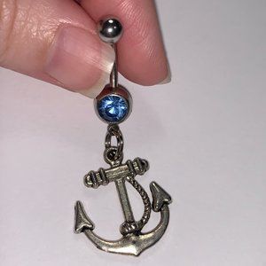 Large Anchor with Rope and Light Blue Gem Dangle Belly Ring